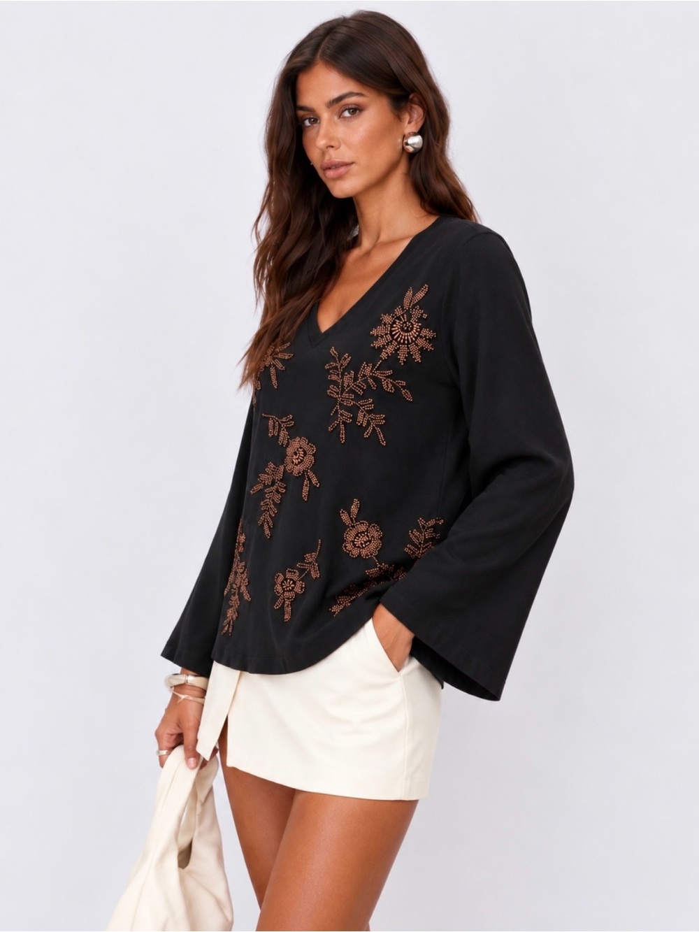 New🌺$168JohnnyWas FemkeBeaded Kimono Sleeve Tee Black Cotton Floral Beaded Top S